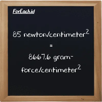 Cara konversi newton/centimeter<sup>2</sup> ke gram-force/centimeter<sup>2</sup> (N/cm<sup>2</sup> ke gf/cm<sup>2</sup>): 85 newton/centimeter<sup>2</sup> (N/cm<sup>2</sup>) setara dengan 85 dikalikan dengan 101.97 gram-force/centimeter<sup>2</sup> (gf/cm<sup>2</sup>)